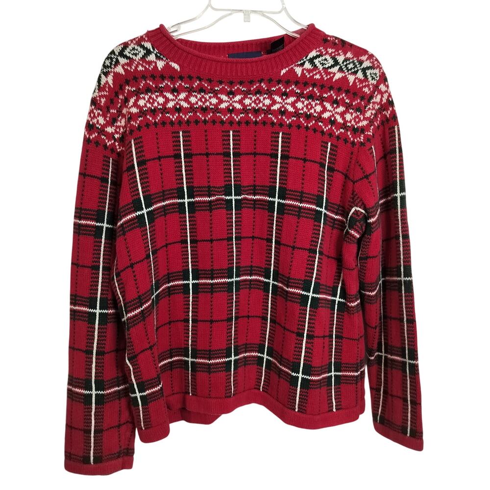 M839) Crazy Horse Red Fair Isle Plaid Knitted Pullover Christmas Sweater XL